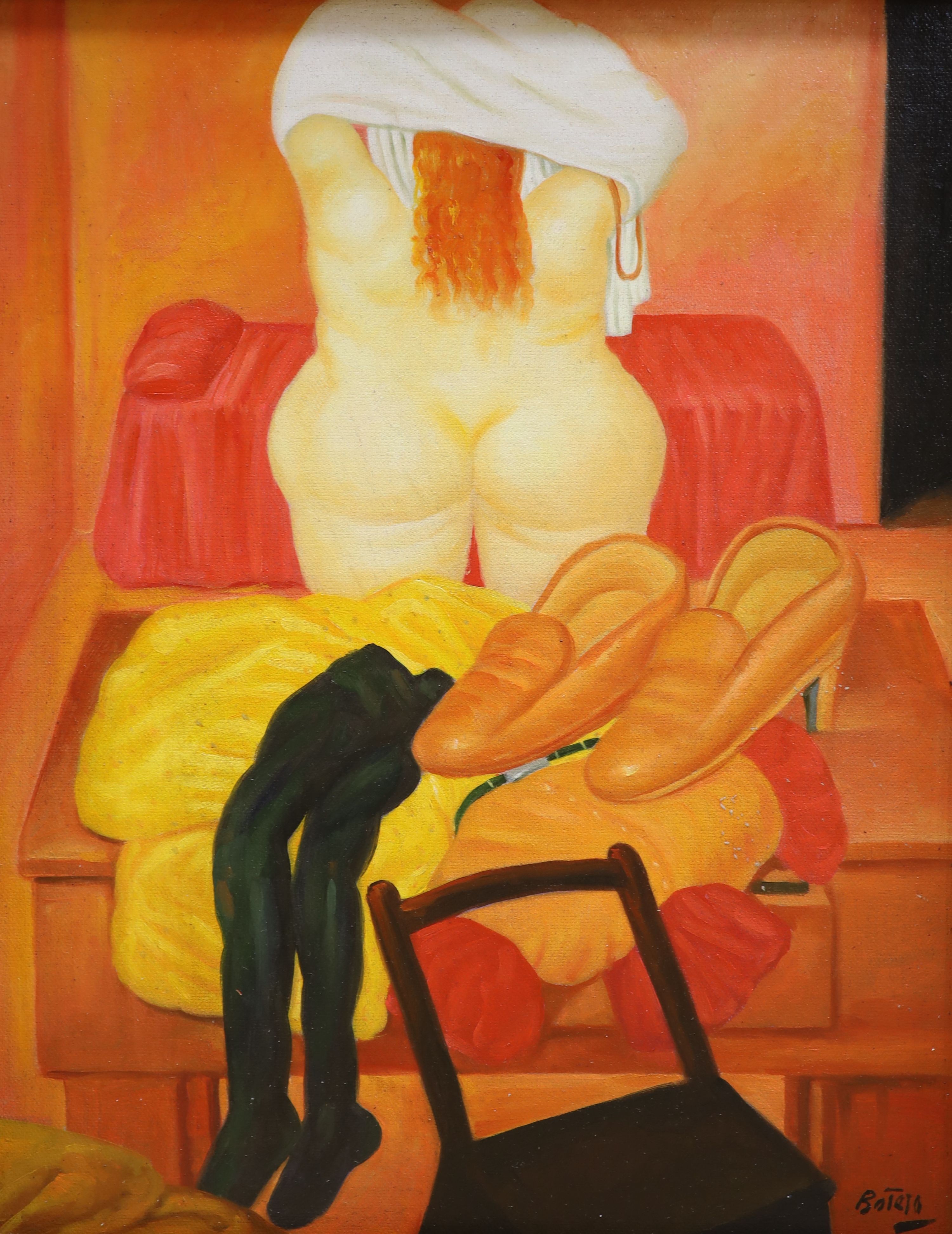 After Botero, oil on board, Woman undressing, bears signature, 48 x 38cm